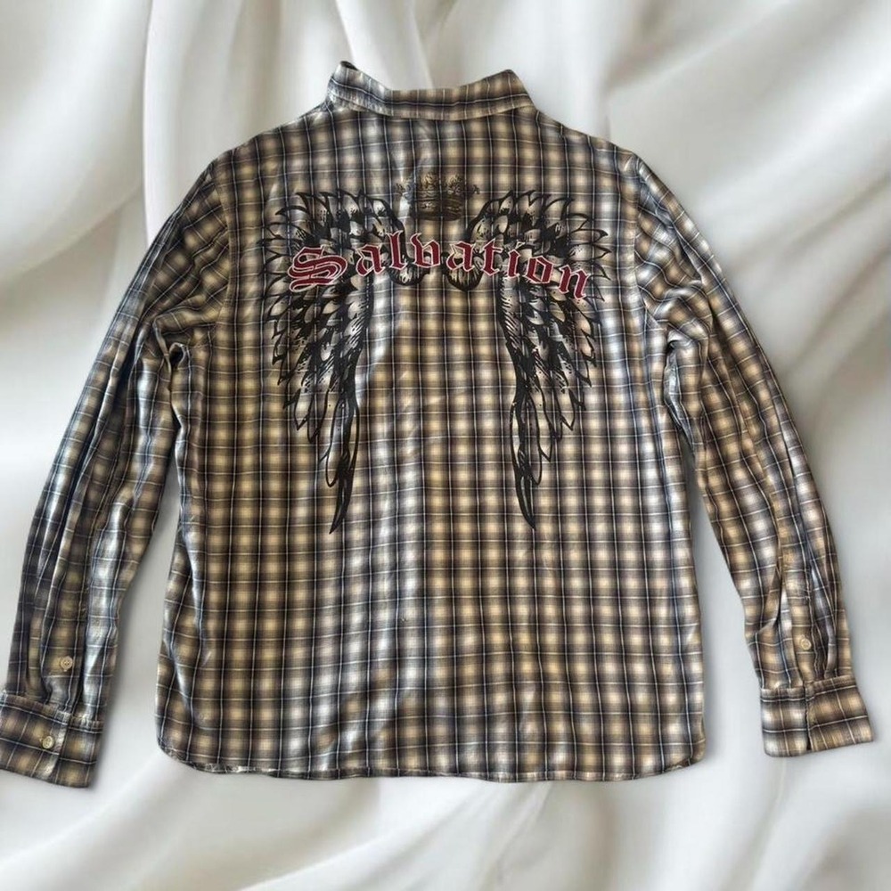Y2K vintage MMA Elite plaid angel wings graphic‎ polo button up skater grunge